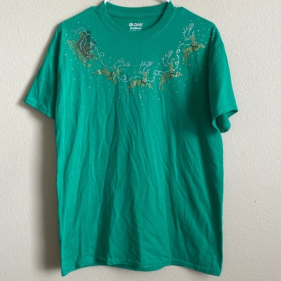 Gildan DryBlend Christmas Santa with Reindeer Bedazzled Tee Shirt - Picture 3 of 8